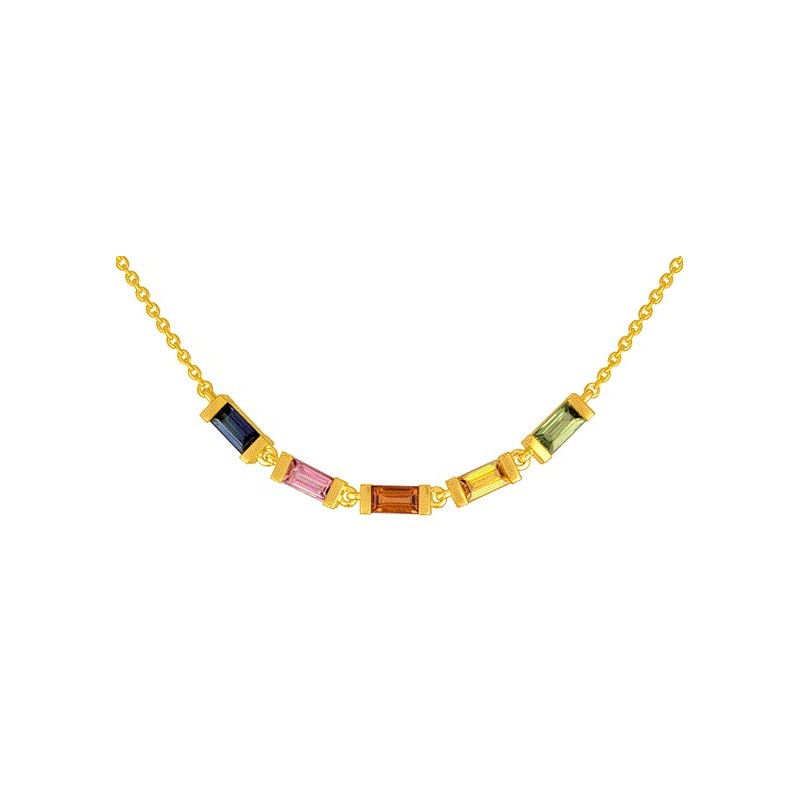 Collier Or et Pierres Saphirs Bleu, Rose, Orange, Jaune & Vert taille baguette