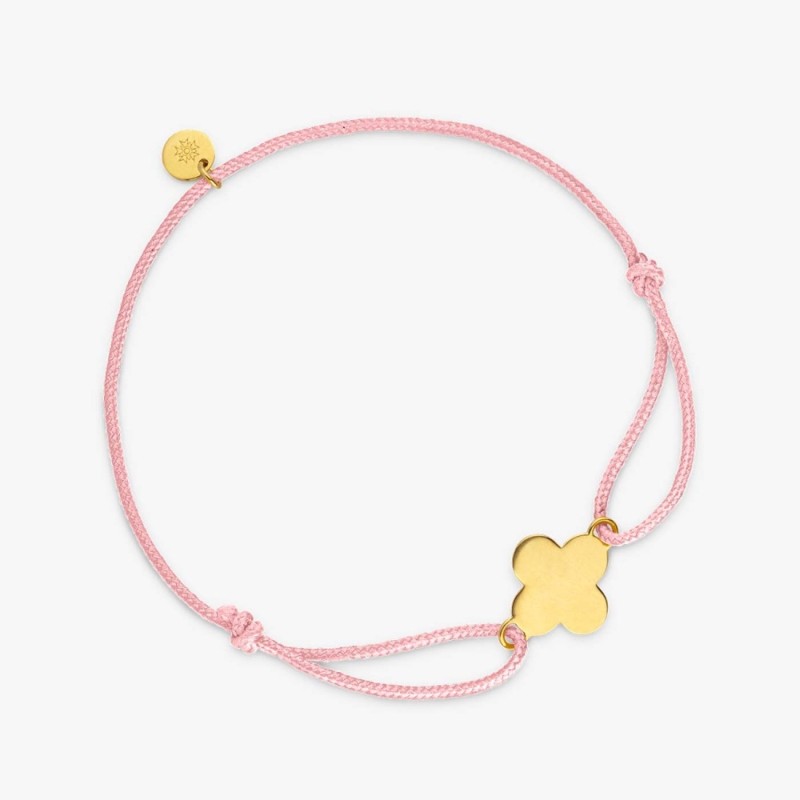 Bracelet Or Croix Tréfle 10MM Cordon rose