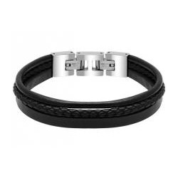 Bracelet Acier & Cuirs noir plat, rond & tressé