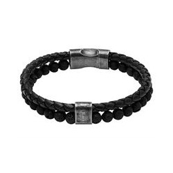 Bracelet Acier & Cuir tressé noir & Pierre de lave