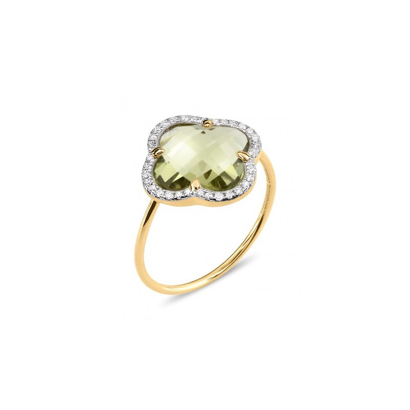Bague Or et Pierres Fines Quartz olive Trèfle & Diamants - Victoria 