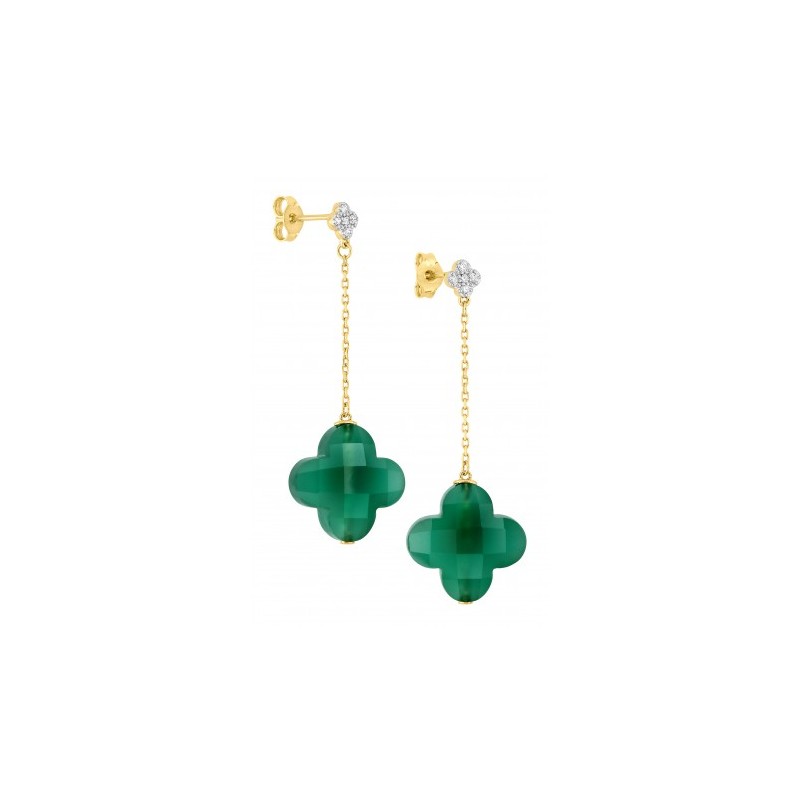 Boucles Or Pendantes et Pierres Agate verte Trefle & Diamants