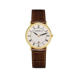 Montre Homme bracelet cuir forme ronde en PVD doré
