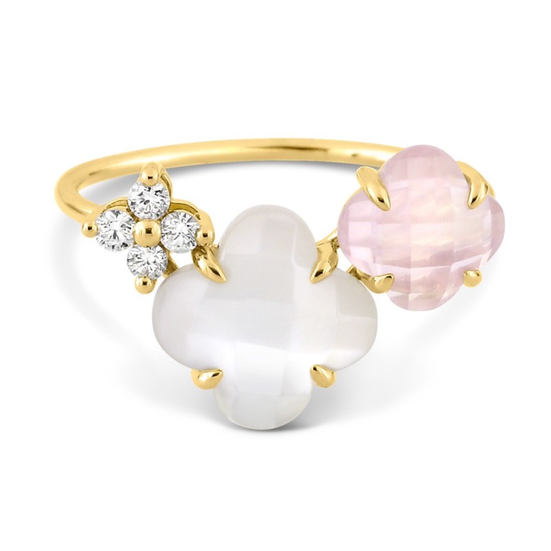 Bague Or et Pierres Fines Nacre, Quartz rose  & Diamants - Bouquet