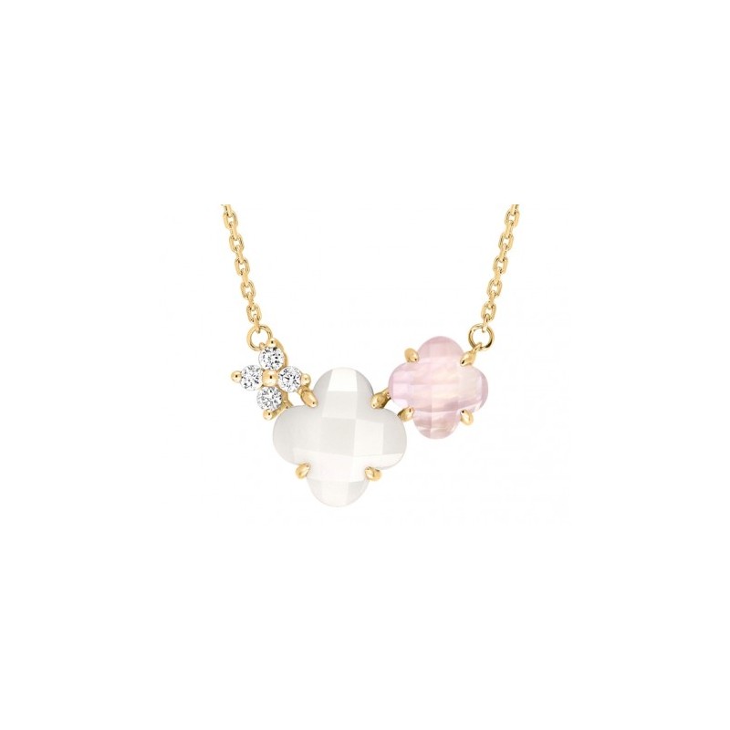 Collier Or et Pierres Nacre, Quartz rose  & Diamants - Bouquet