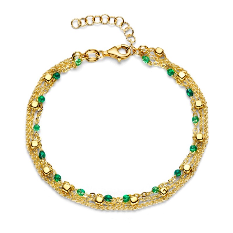 Bracelet Plaqué Or sur Argent 3 chaînes & pierres vertes