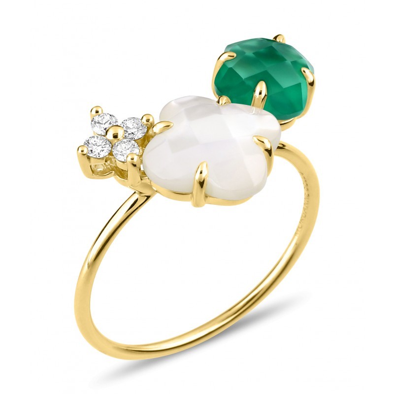 Bague Or et Pierres Fines Nacre & Agate verte (2,62ct) & Diamants