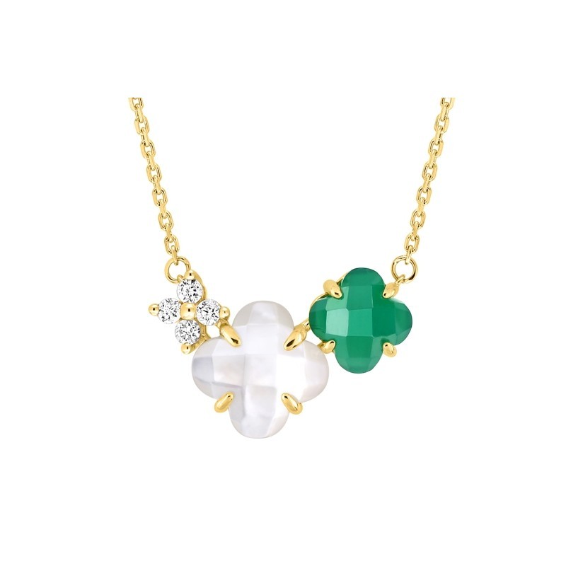 Collier Or et Pierres Nacre & Agate verte & Diamants