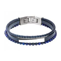 Bracelet Acier Cuir bleu & Lapis Lazuli 4 mm