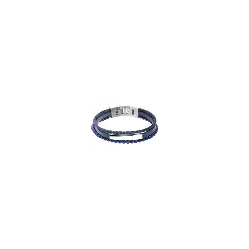 Bracelet Acier Cuir bleu & Lapis Lazuli 4 mm