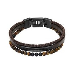 Bracelet Acier & cuir plat & tressé & Agate noire & Oeil de Tigre