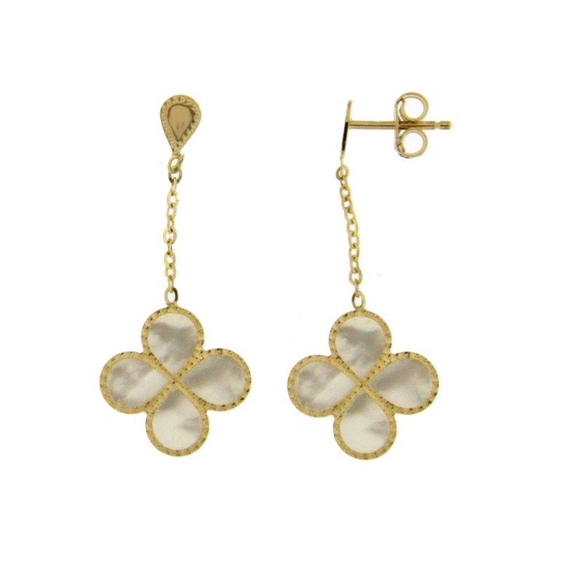 Boucles Or Pendantes et Pierres Nacre forme Tréfle