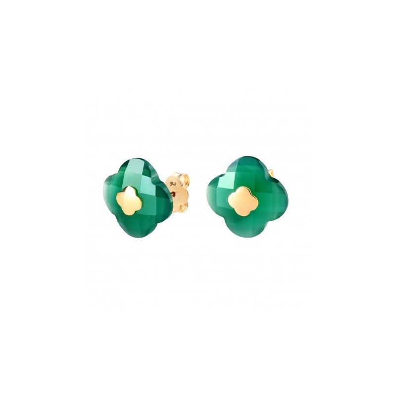 Boucles Or et Pierres Agate verte Trefle